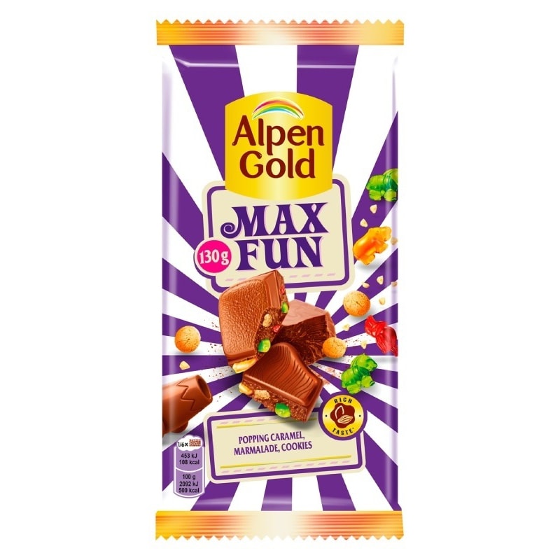 Alpen Gold Max Fun Взрывная карамель, мармелад, печенье шоколадная плитка молочный 130 г.